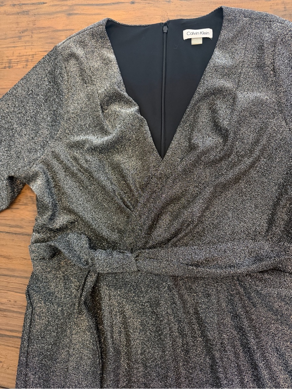 Calvin Klein Metallic Silver Ruched Knot Long Sleeve Cocktail Dress - Picture 3 of 14